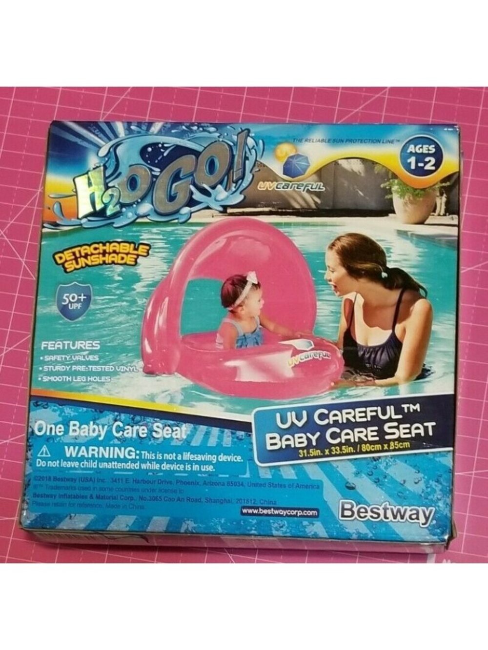 H2O Go Baby Seat Pink Float UPF Protection Detachable Sun Shade for pool